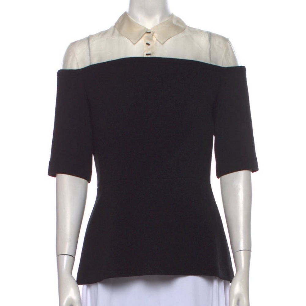Lela Rose Structured Layered Collared Short Sleeve Button-Up Blouse Small